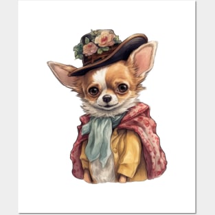 Chihuahua wearing a fancy red cloak and flower covered hat Posters and Art